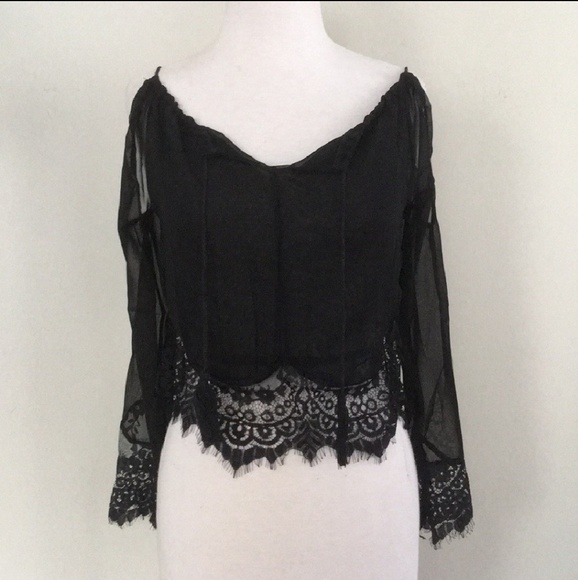SALEππ NEW Shear Chiffon Black Lace Crop Top - Picture 3 of 8